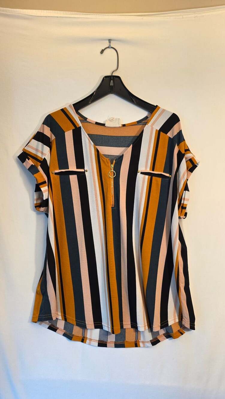 Women's Flower & Feather Striped Short Sleeve Top, 2XL